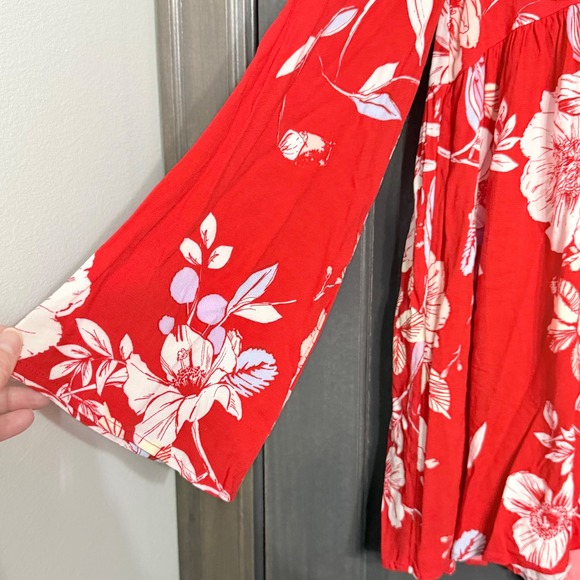 Free People Red Floral V Neck Long Sleeve Babydoll Tunic Top or Dress XS - Picture 6 of 7
